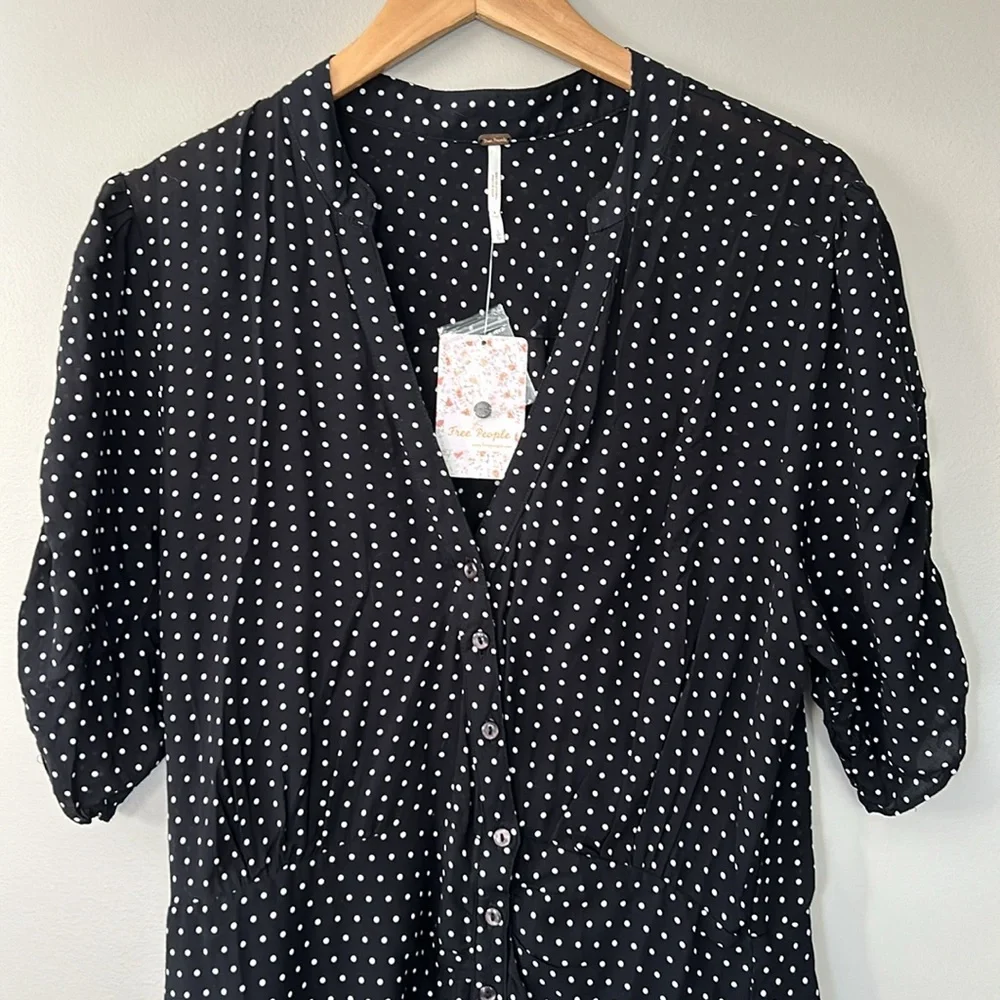 Free People Pippa‎ Polka Dot Dress Print Mini Dress Sz L Black White